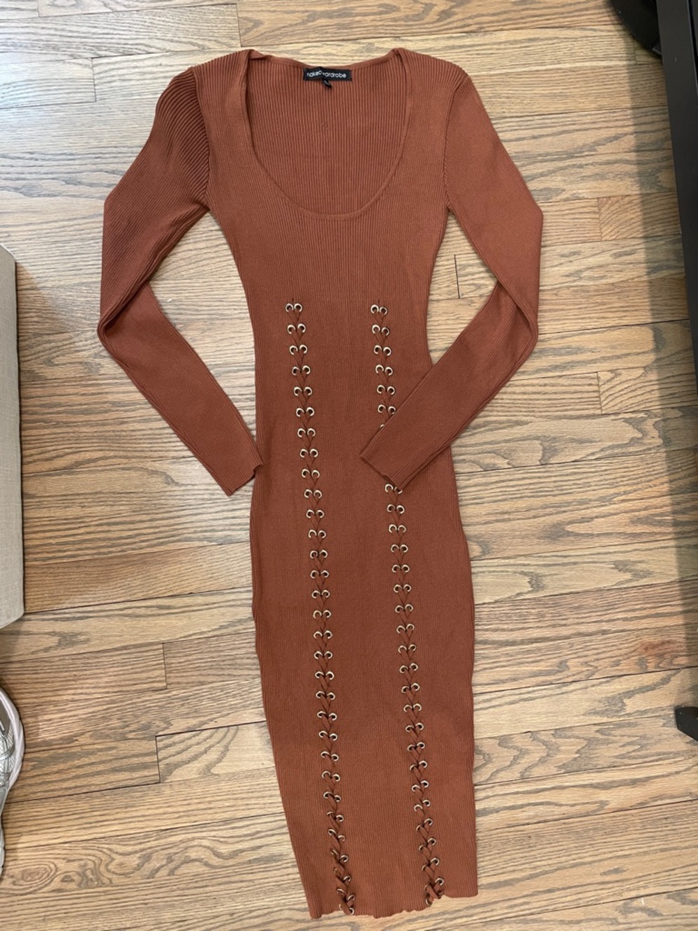 naked wardrobe Rust cognac Brown Ribbed Long Sleeve Lace-Up Bodycon Dress MIDI M